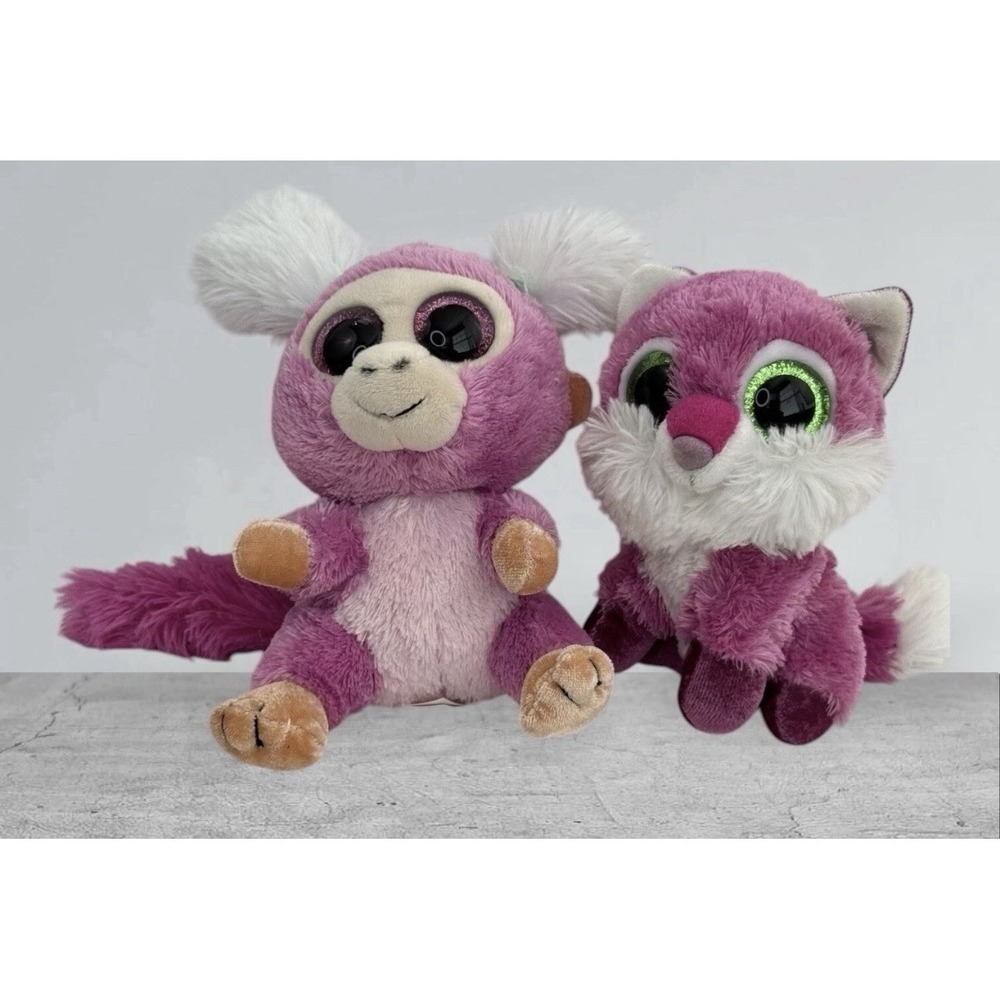 Wild Republic Lot Of 2 K&M Pink Big Eyes Monkey & Cat* 5" Plush Stuffed Animals